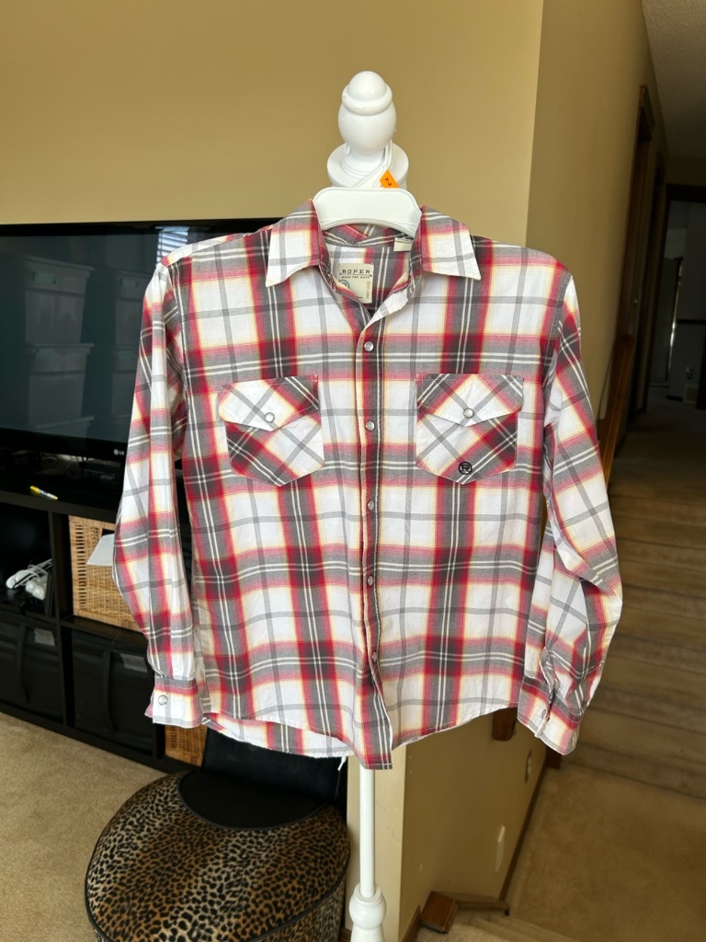 Plaid Snap Button Western Shirt in White, Red & Gray